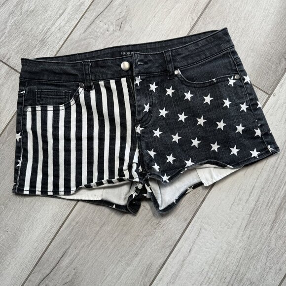 Forever 21 Womens US 28 Black Denim Star & Stripe Printed‎ High-Rise Shorts With - Picture 1 of 6